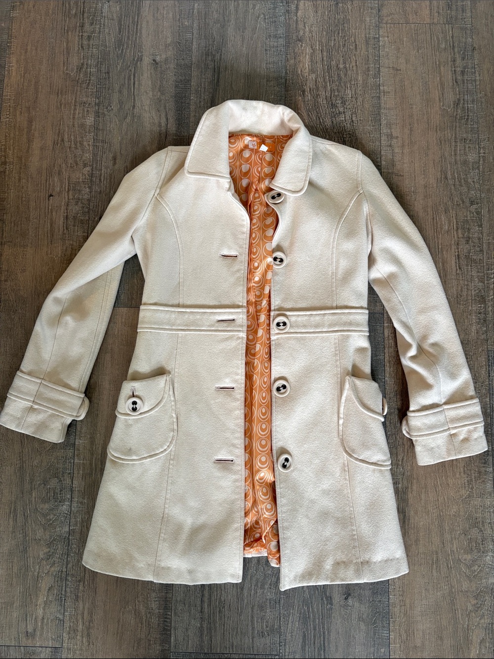 Cream Wool Blend Women's Button-Front Coat with Orange Lining